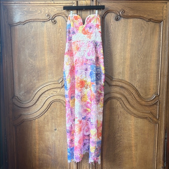 Badgley Mischka Strapless Floral Midi Dress in Pink, Blue, Yellow - Picture 6 of 13